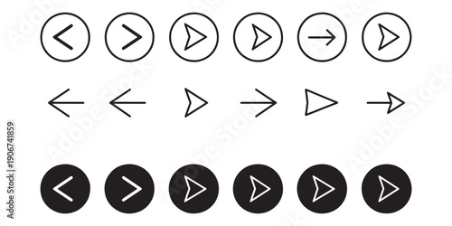 Vector set of minimalist navigation arrows, collection of circle direction pointers and linear next-back icons for web and mobile app UI design.