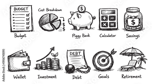 Hand Drawn Financial Planning Icons for Budgeting, Saving, and Investing