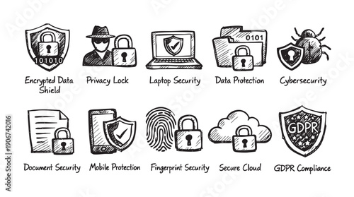 A set of hand-drawn icons representing different aspects of data security, including encryption, privacy, cybersecurity, GDPR, and cloud security. Ideal for illustrating digital safety concepts.