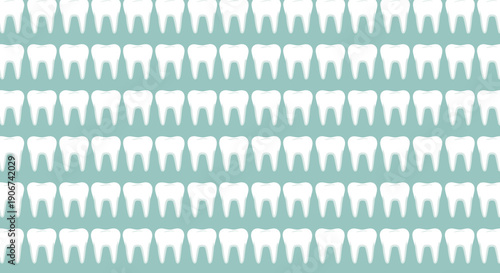 Seamless background pattern made of many white tooth icons on a light blue-green background for dental clinic wall branding and decor.