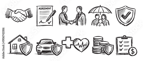 Collection of hand-drawn insurance icons including handshake, agreement, family, home, car, health, finance, and money. Use for website or print design, vector available.