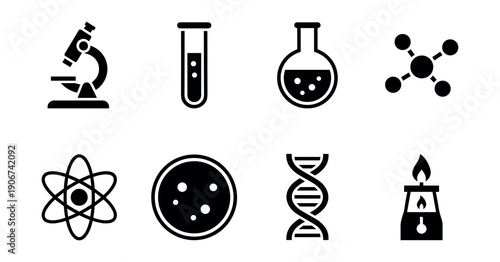 Science black and white line icons set