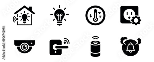 Smart home technology black and white icons set