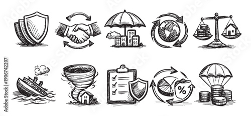 Collection of hand-drawn icons symbolizing insurance, risk, and finance. Perfect for illustrating financial planning, asset protection, and risk management concepts.