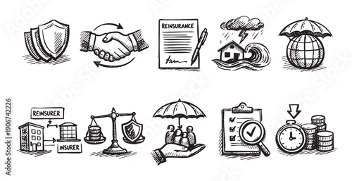 Collection of hand-drawn icons symbolizing insurance, risk, and finance. Perfect for illustrating financial planning, asset protection, and risk management concepts.