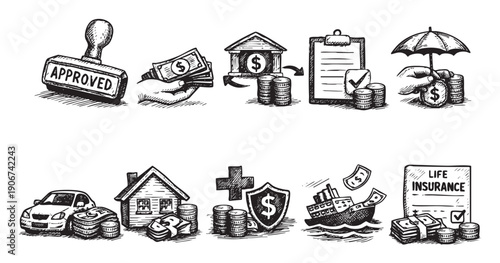Hand drawn icon set illustrating financial concepts: approval, bank deposits, health, life, car, house, ship insurance. Black and white sketch style on white.