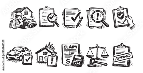 Black and white sketched icons depicting insurance claim processes: inspection, damage, legal review, and approvals for property and vehicles. Useful for infographics or presentations.