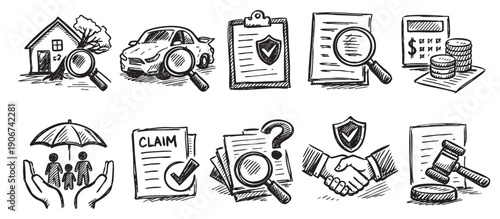 Hand drawn vector illustration of insurance icons. Can be used for business, finance, real estate or general insurance marketing purposes.