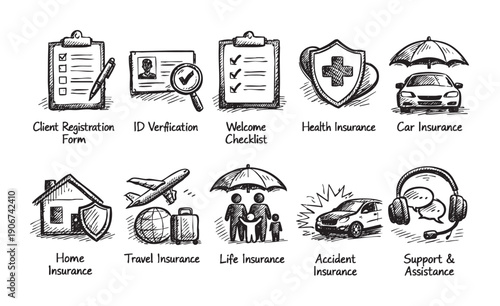 Collection of hand-drawn icons representing various types of insurance: car, life, health, travel, accident, home, and support. Ideal for insurance websites, blogs, and informational materials.