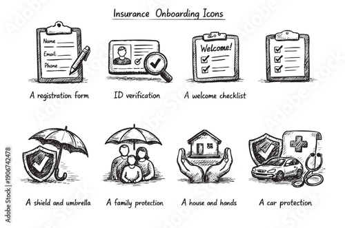 Hand-drawn insurance onboarding icons depicting registration form, ID verification, welcome checklist, family protection, house, car, and shield. Use for website, presentation, explainer video.