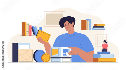 person organizing and displaying collectible items on shelves, personal collection and hobby concept