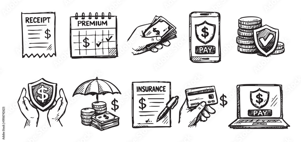 Fototapeta premium Black and white doodle icons depicting finance, money, online payments, insurance, and financial protection. Illustrations of receipts, calendars, cash, online security, and insurance policies.