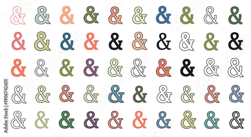 Colorful ampersand symbols set in various fonts and styles arranged in a grid pattern on a white background for graphic design and typography.