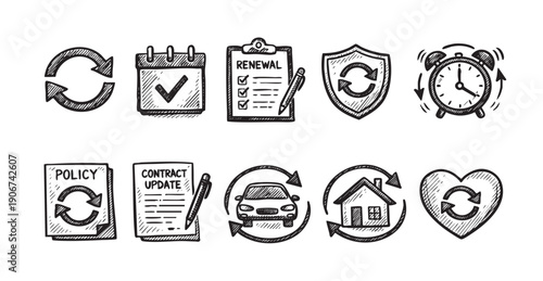 Hand-drawn doodle icons representing renewal for insurance, contracts, policies, car, house, and health. Perfect for illustrating reminders, service agreements, and recurring payments.