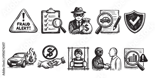 This is a sketch illustration depicting car insurance fraud, financial crime, and scams. The artwork includes a fraud alert, a thief, and handshake. Ideal for finance, insurance, and legal.