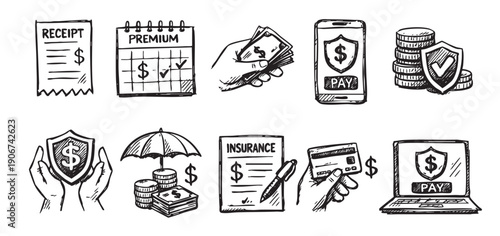 Black and white doodle icons depicting finance, money, online payments, insurance, and financial protection.  Illustrations of receipts, calendars, cash, online security, and insurance policies.