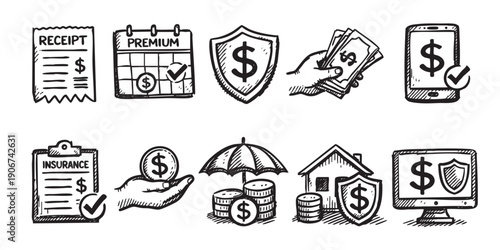 Black and white doodle illustrations of financial and insurance concepts including payment, protection, and investment. Ideal for web design, infographics, and presentations about finance.