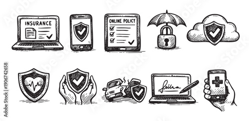Hand-drawn style icons representing insurance, protection, and security. Great for financial, health, car, online policy, or digital insurance marketing material and web design.