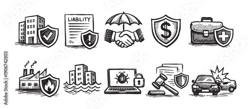 A set of hand-drawn insurance icons, including property, liability, business, cyber, health and car insurance. The icons are black and white.