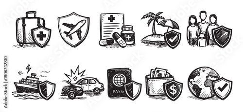 Black and white hand-drawn style icons depicting travel, health, family, and property insurance coverage. Use for illustrating financial security, peace of mind, and risk management.