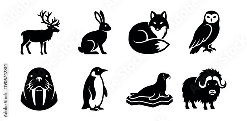 Arctic animals silhouette illustrations set