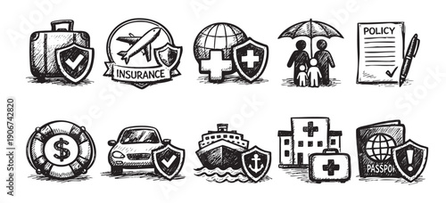 Black and white hand-drawn style icons depicting travel, health, family, and property insurance coverage. Use for illustrating financial security, peace of mind, and risk management.