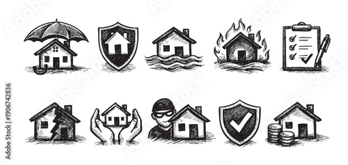 Illustration showing houses in various states of risk, protected by insurance. Useful for representing real estate, property coverage, safety, security, and financial planning.
