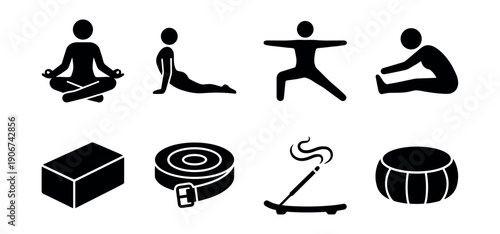 Yoga poses and accessories silhouette icons set