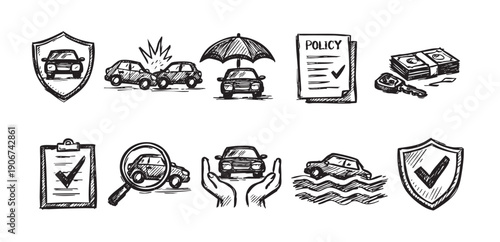 Collection of hand-drawn icons related to car insurance and protection. Sketch style illustration, perfect for website, presentations and marketing. Depicts accidents, policy, protection.