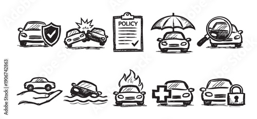 Hand-drawn car insurance icons showing protection, accidents, policy, coverage, and safety. Use for finance, automobile, security, and claim concepts. Isolated illustration on white, black and white.