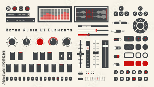 Retro Audio UI Elements – Minimal Flat Controls for DTM Plugin and Music Software Vector