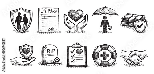 Black and white sketch illustrations representing life insurance, protection, and financial security. Ideal for insurance company websites, brochures, or social media marketing campaigns.