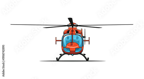 Front view of a bright orange rescue helicopter with spinning blades and a clear blue windshield isolated on a white background for transport.