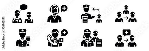Healthcare communication black and white icons set