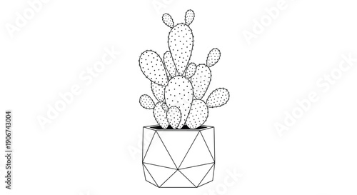 Minimalist black and white line art of a prickly pear cactus in a faceted geometric pot isolated on a white background for home decor ideas.