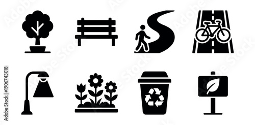 Park and outdoor environment black and white icons set