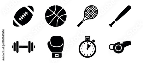 Sports and Fitness Equipment Silhouette Icons Set
