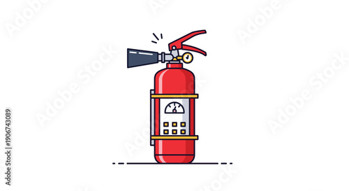 Detailed flat illustration of a red fire extinguisher with a pressure gauge and instruction panel isolated on a white background for safety.