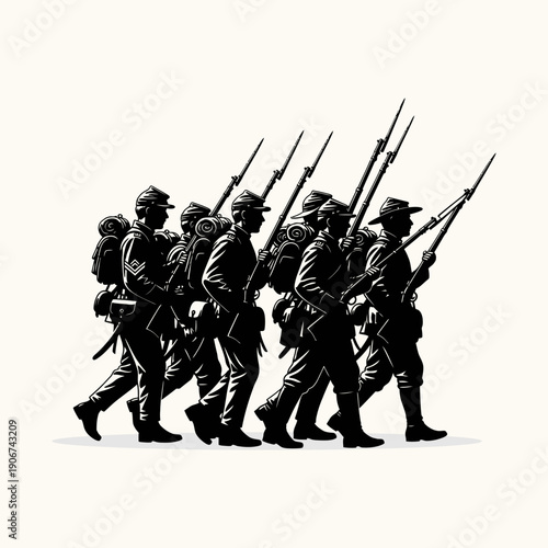 Silhouette illustration of Civil War-era soldiers marching in formation with rifles, depicting military history and discipline.