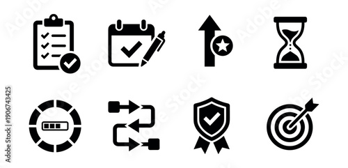 Project management and productivity black icons set