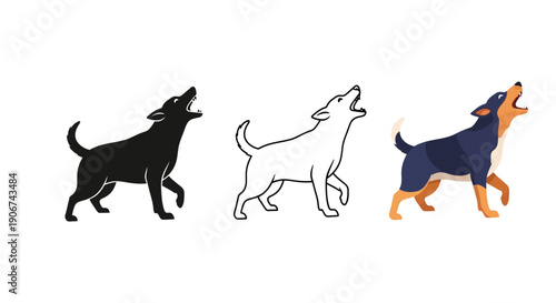 Collection of three stylized dog illustrations demonstrating a howling stance in silhouette outline and full color vector graphics