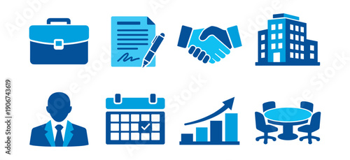 Business flat icons set in blue tones