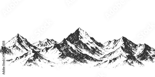 A panoramic vector illustration of a high alpine mountain range featuring snowy peaks and a cold glacier landscape under a cloudy winter sky with a dense forest