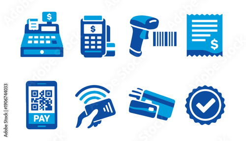 Point-of-sale and payment systems blue icons set