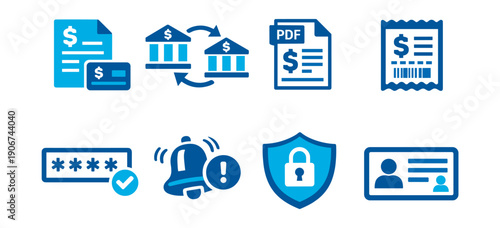 Finance and security blue icons set