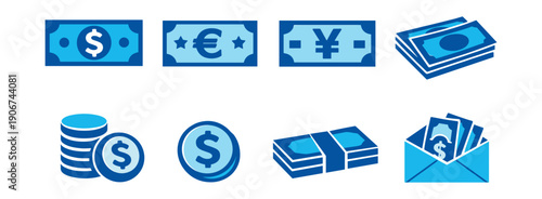 Money and Currency Blue Icons Set