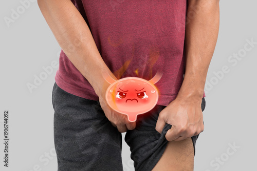 A man holding his lower abdomen showing bladder inflammation and pain symptoms using a cute angry bladder cartoon to represent health problems.