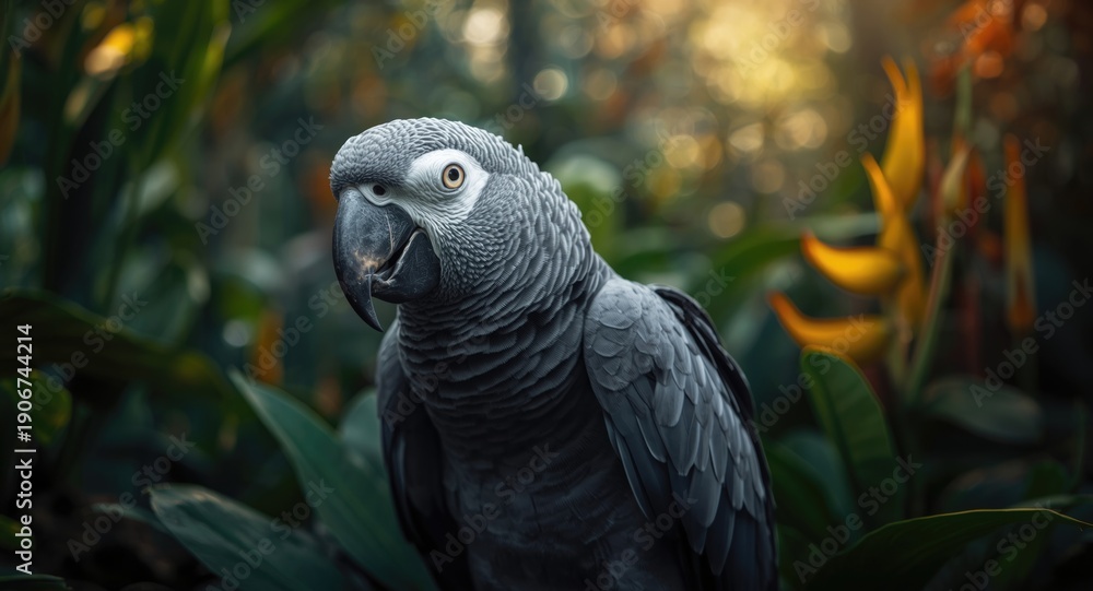 Obraz premium Interactive gray parrot posing amidst zoo foliage