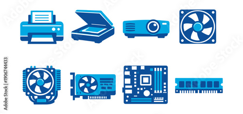 Computer devices and components blue icons set