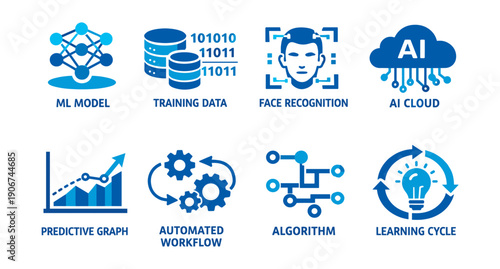 Artificial intelligence and machine learning blue icons set